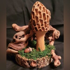 Rustic Morel Mushroom Wood Burned Sculpture